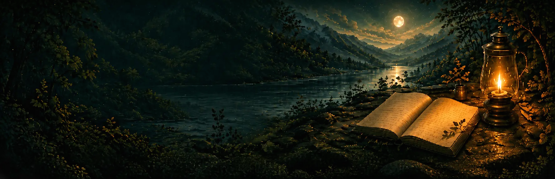 Carnet ouvert et lanterne au bord d’un paysage nocturne